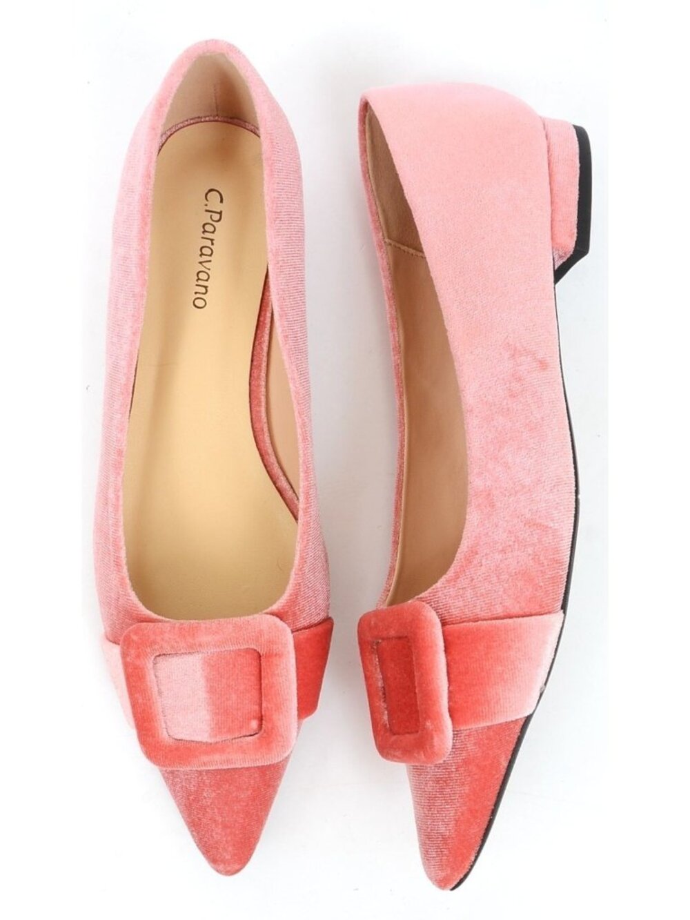 C. Paravano Pink Square Buckle French Velvet Pointed-toe Elegant Formal Flat 7.5